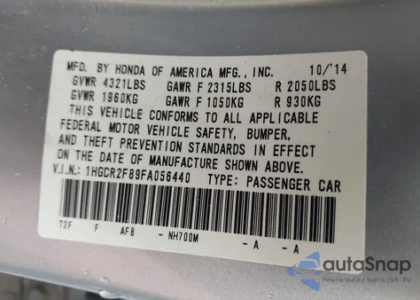 2015 Honda Accord Ex-L z USA, uszkodzony, nr VIN 1HGCR2F89FA056440